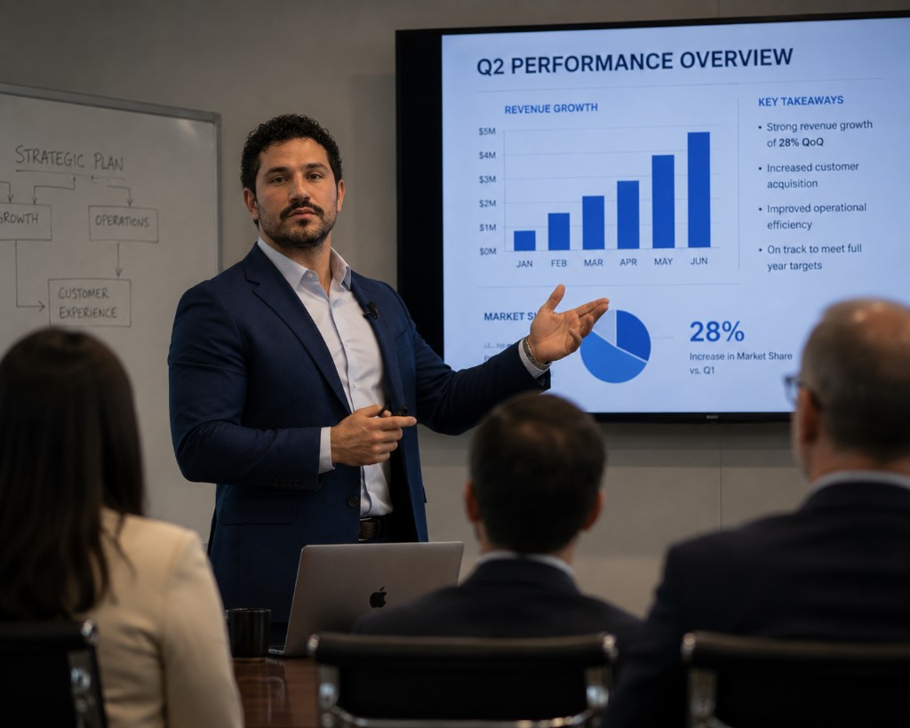 Advisor presenting wealth strategy to founders and executives